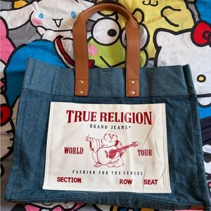 True Religion Blue Denim Tote with Tan Handles